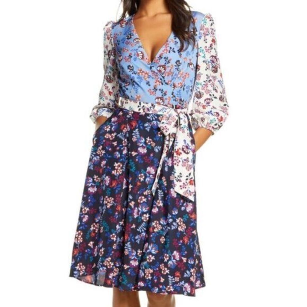 1901 NWT Colorblock Floral Faux Wrap Dress US 10/ MEDIUM